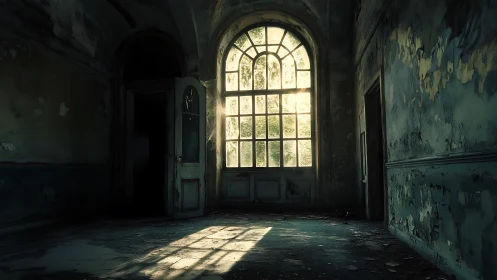 Sunlight enters abandoned room through tall arched window