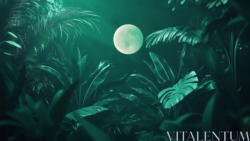 Monochrome teal moonlit jungle canopy with dense tropical foliage