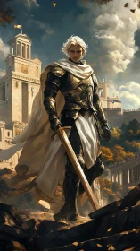 Sunlit warlord steadies a golden citadel on his blade