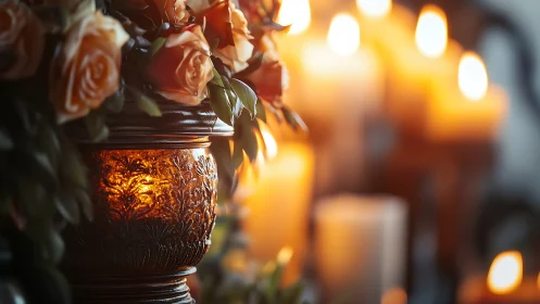 Candlelit roses glow beside ornate bronze floral lantern.