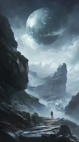 Lone explorer beneath tidally locked supermoon on icy ravine world.