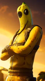Humanoid banana character in tactical outfit at sunset.