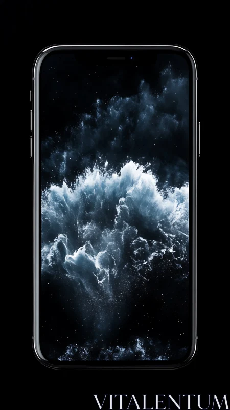Modern smartphone with dark cosmic abstract wallpaper.