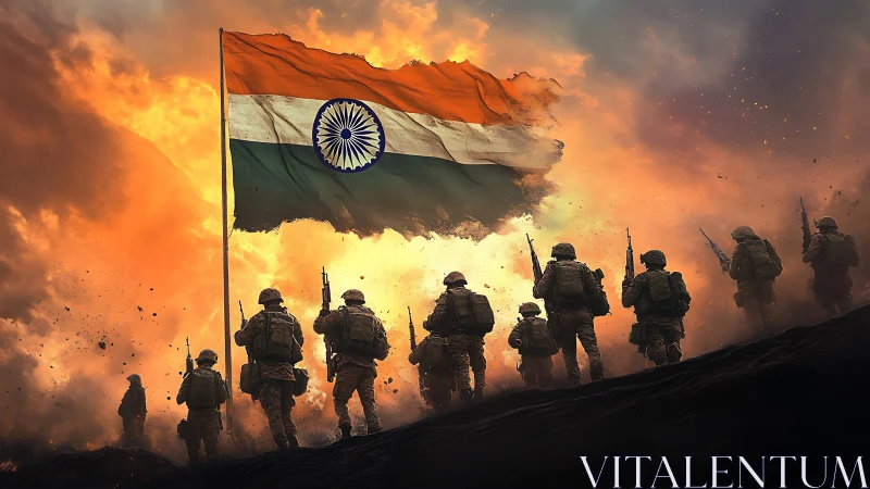 Indian soldiers advance under burning sky and battle flag