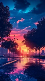 Neon dusk city street reflects vibrant sunset sky glow.