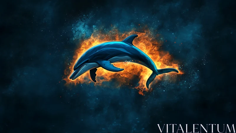 Glowing cosmic dolphin leaping through a fiery ocean sky.