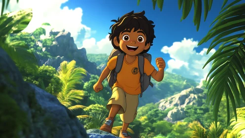 Joyful kid explorer hiking through a lush tropical jungle.