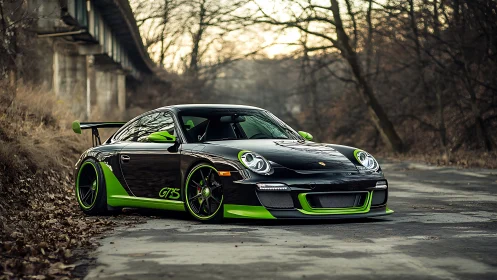 Black and green Porsche sports car on quiet forest road.