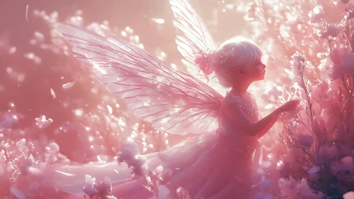 Gossamer-winged child fairy drifting through rosy bloomlight.