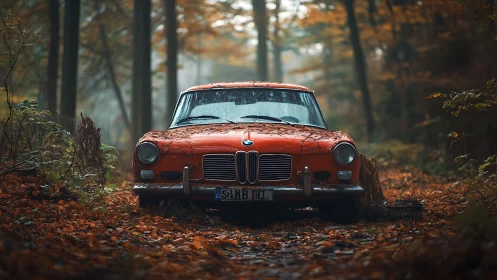 Rusty red classic car resting quietly in an autumn forest.