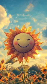 Anthropomorphic sunflower face under volumetric golden-hour sky.