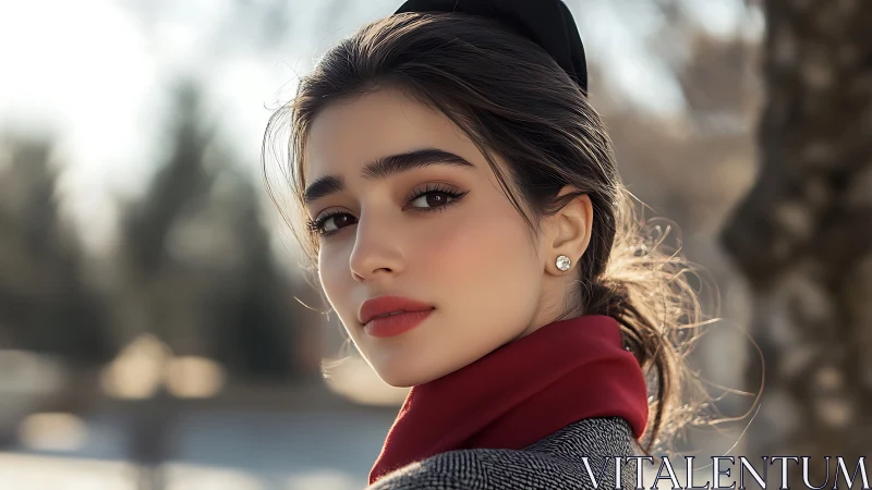 Winter city portrait of woman in red scarf at golden hour.