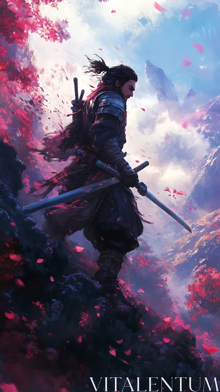 Lone samurai stands with drawn katana amid drifting blossoms.