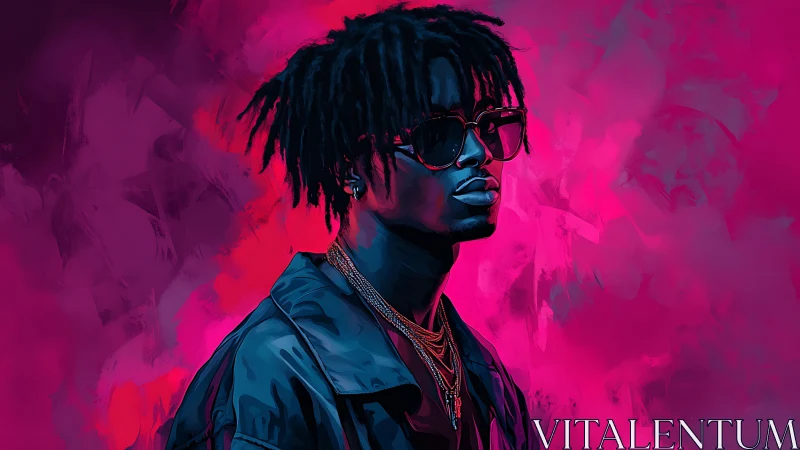 Portrait of man in jacket against magenta abstract field.