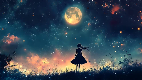 Silhouetted girl studies glowing moon over star-filled field