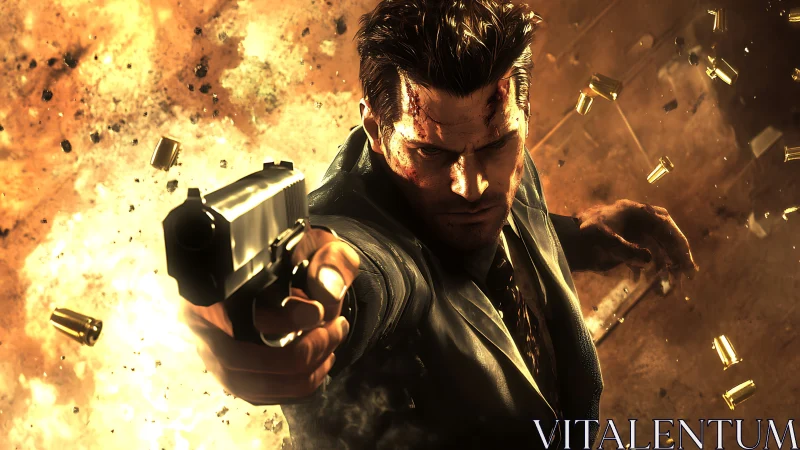 Gunman in suit firing handgun amid bright explosion.