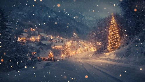 Snowy winter village road with warm holiday lights at night.
