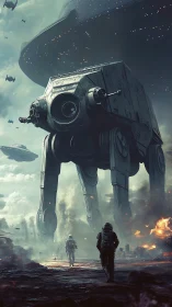 Cinematic sci-fi battlefield with towering mech walker construct.