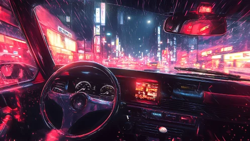 Neon rainstorm from a midnight driver’s glowing cockpit.