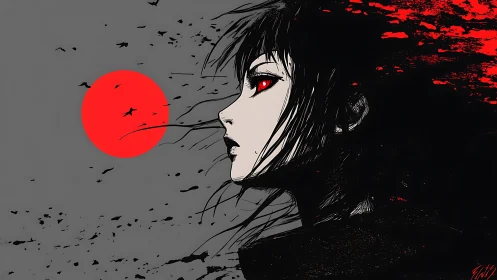 Profile of red eyed woman against stark red sun.