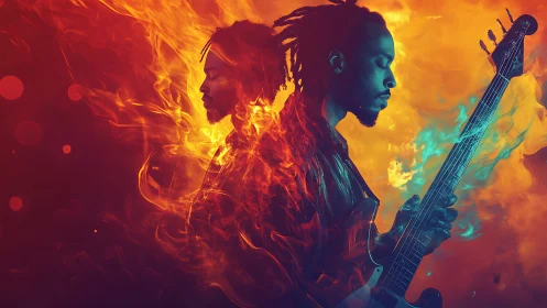 Guitarist Wrapped In Firelight And Dreamy Electric Hues.
