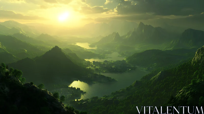 Golden sunrise pours over tranquil mountains and winding lakes