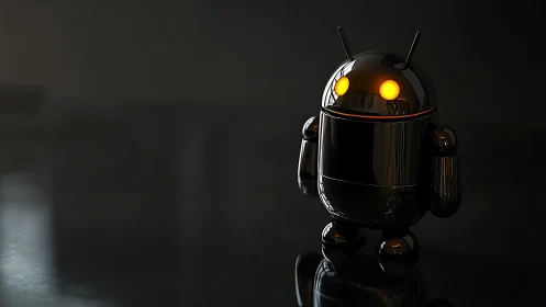 Glossy black android robot stands on reflective dark surface