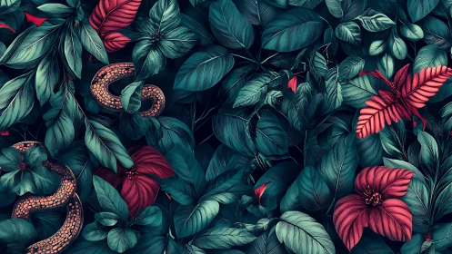 Coiled snake hides among teal jungle leaves and red flowers