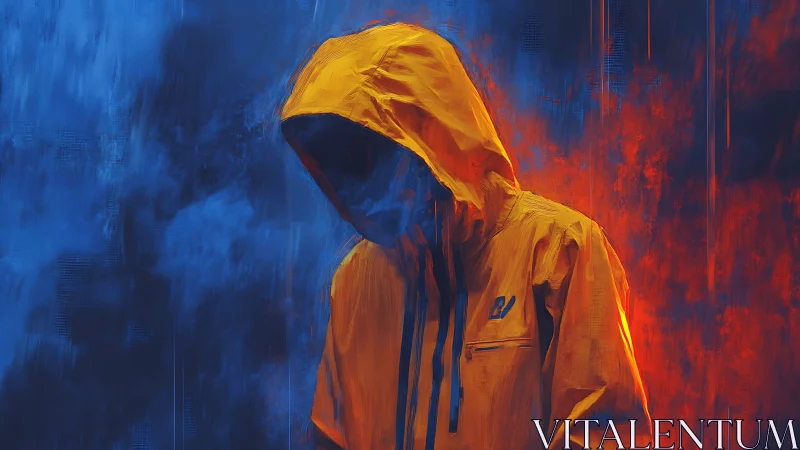 Hooded figure in yellow jacket against blue red haze.