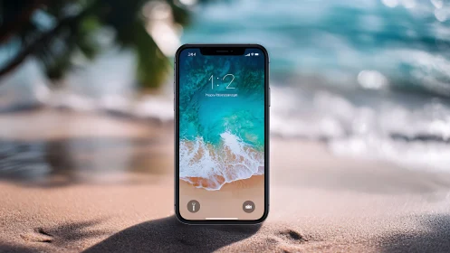 iPhone displaying coastal beach lock screen with ocean waves