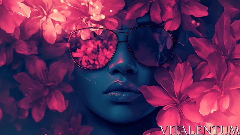 Neon-lit woman in sunglasses emerges from glowing flowers