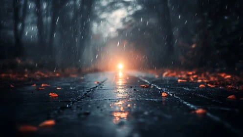 Rainy forest road glows under distant warm headlight beam.