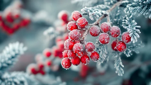 Frosted red berries glow against soft winter evergreen bokeh