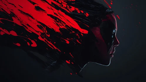 Kinetic red paint vectorizing a masked female side profile.