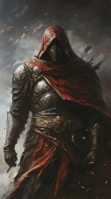 Hooded knight emerges from stormy shadows in burning red cloak
