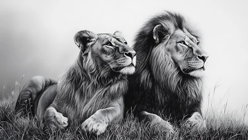 Two Lions Resting in Grassland.
