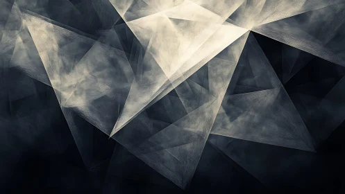 Abstract geometric pattern with layered triangles in grayscale tones.