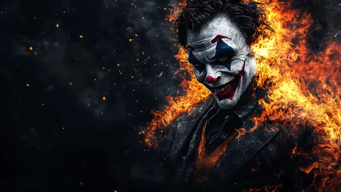 Clown-faced figure engulfed in stylized surrounding flames.
