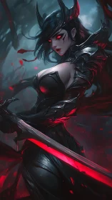 Armored dark warrior with glowing red blade in foggy forest.