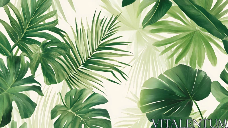 Lush tropical palm leaves overlap softly on a calm cream field