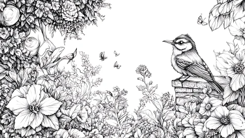 Detailed bird on garden wall in black and white line art style.