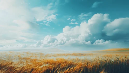 Golden wheat under wandering clouds and wide open sky.