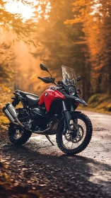 Crimson BMW adventure bike resting on a misty forest road.