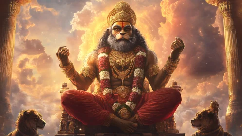 Lion-headed deity meditating amid golden temple clouds.