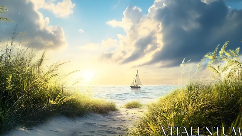 Dune grasses whisper as a lone sailboat glides toward dawn