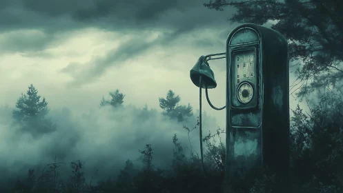 Surreal mist-shrouded gas pump in abandoned forest clearing.