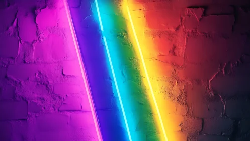 Neon rainbow beams sliding across a bruised brick wall.