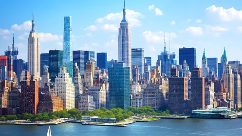 New York skyline with riverfront towers at midday light.