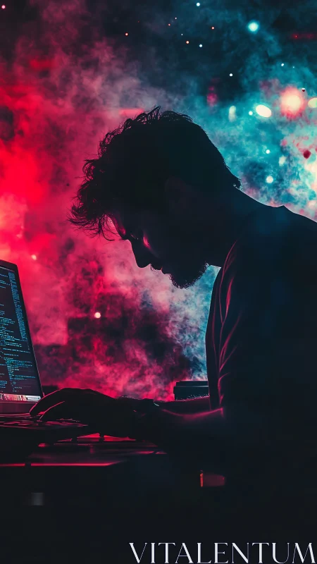 Focused night coder framed by glowing neon dreamscape.