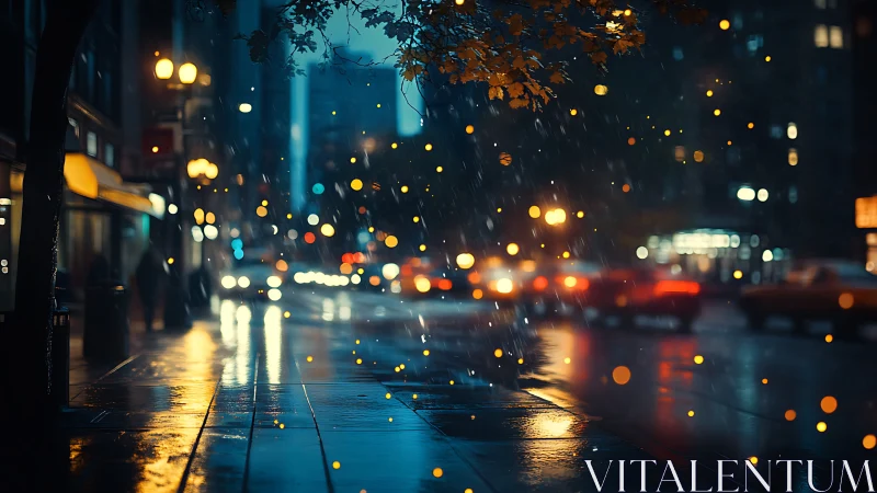 Golden rain lights glow softly along a quiet city street